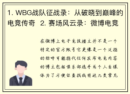 1. WBG战队征战录：从破晓到巅峰的电竞传奇  2. 赛场风云录：微博电竞俱乐部的荣耀征程  3. 电竞豪强崛起：微博战队的多彩冠军路